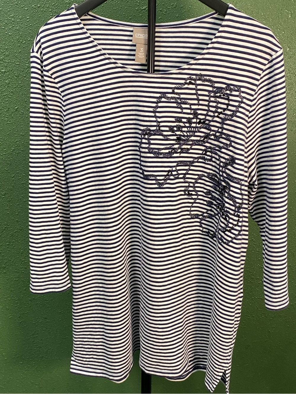 Chico's Size 3 Navy Blue White Stripe Beaded Floral Accent Tunic Top